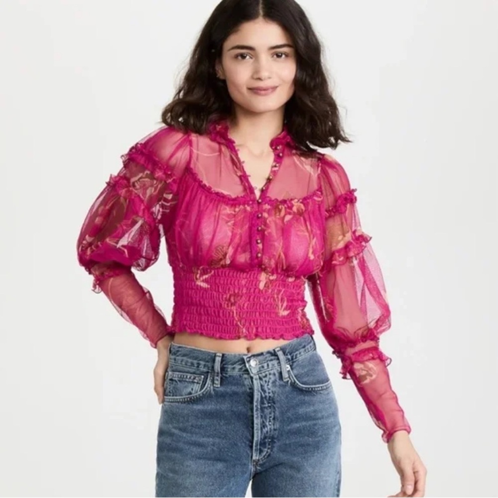 Free People Top Time For Shine Mesh Smocked Cropped Sheer | Size S | Used | (TC)